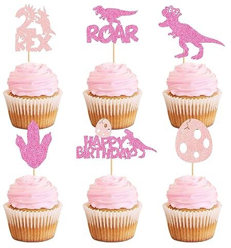Cyodoos 24PCS Dinosaur Cupcake Toppers 1 Rex Dinosaur Cupcake Picks Happy Birthday Roar Two Years Old Dino Theme Baby Shower Birthday Party Cake Decorations Supplies Pink