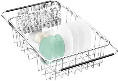 Fanbsy Large Dish Drainer Rack in Sink Adjustable, Expandable 304 Stainless Steel Metal Dish Drying Rack Organizer with Stainless Steel Utensil Holder Over Inside Sink Counter, Rustproof
