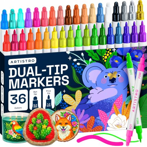 Artistro 36 akrylmålartuscher, akrylmålartuscher med dubbel spets (pensel + fin spets 1 mm), teckningsset, akrylmålartuscher för tyg, duk, sten, papper, färgpennor.