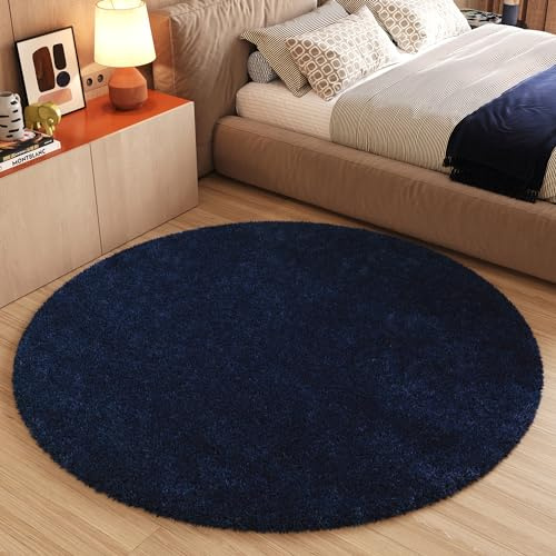 TAPISO Essence Rond Tapis Shaggy Poils Longs Moderne Bleu Marine Uni Tapis Salon Chambre Adulte Enfant Descente de Lit Moelleux Super Soft Epais Oeko-TEX 100 x 100 cm