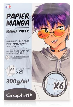 GRAPH'IT Manga-Block, 25 Blatt, 300 g, extra weiß, speziell für Alkoholmarker, 1 Seite geklebt, widerstandsfähiges Papier für Alkoholtinte, 6 Manga-Vorlagen auf Ebenen enthalten – Format A4