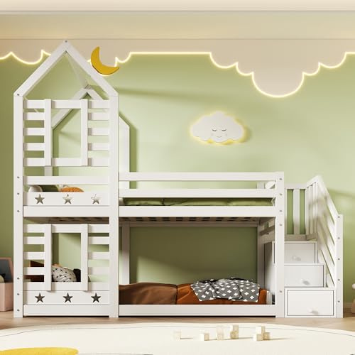 Zravenna Hochbett 90x200cm Mit Fenstern, Hausbett für 2 Kinder, Etagenbett mit Treppe, Kinderbett mit Speicherung und Rausfallschutz, 2X Lattenrost (Weiß-2)