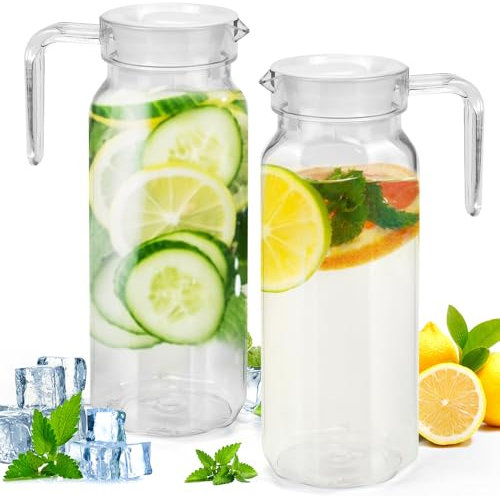 MININUSI 2 Pezzi Caraffa Acqua Trasparente 1.1L,Brocca Acqua in Plastica con Coperchio,Caraffa Tè Freddo,Caraffa Cold Brew,infrangibile Caraffa Acqua per Caffè,Bevande,Succhi di Frutta,Tè, Latte,Vino