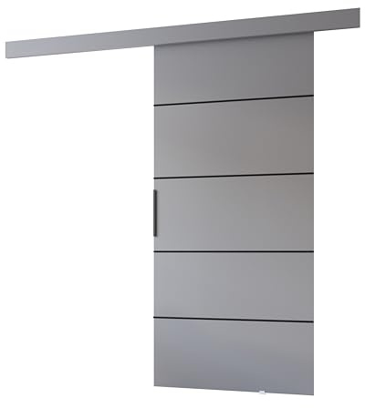 MINIO go for it - Schiebetüren 96 cm PRIM 2K Schiebetür Zimmertür | Schiebetürsystem, Wandmontage, Türe Innen - Dekorleiste in Sonoma Eiche, Oberblende, Türgriff in Schwarz, Grau / Schwarz
