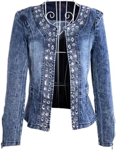 Langärmlige Jeansjacke für Damen Modetrend Leichte lässige Jeansjacke mit Rundhalsausschnitt Retro Jacke mit schmalen eleganten Strass Pailletten (Blau,M)