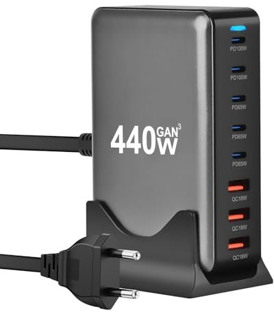 440W Chargeur USB C,8 Ports Multiple GaN Chargeur Secteur avec 5 USB-C et 3 USB-A,Chargeur Rapide Station de Charge Adaptateur Compatible avec MacBook Pro/Air Laptop, iPhone,iPad Pro,Galaxy,SteamDeck