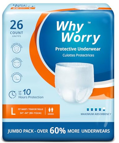 WhyWorry Pañales para Adultos con Incontinencia, Bragas Absorbentes Desechables para Hombres y Mujeres, Ropa Interior con Máxima Absorción para Ancianos, Antiolor, Unisex, Talla L, 26 Unidades