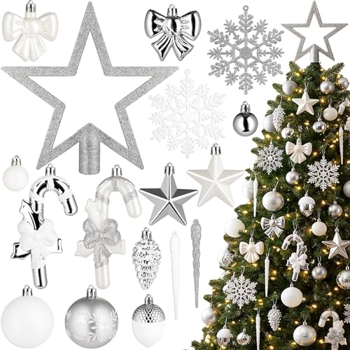 BRUBAKER 101 Stück Premium Christbaumschmuck - Weihnachtskugel Set | mit Glitzer Kugeln, Schneeflocken, Schleifen, Eiszapfen, Eicheln, Sternen und Baumspitze - Baumkugel Baumschmuck - Silber