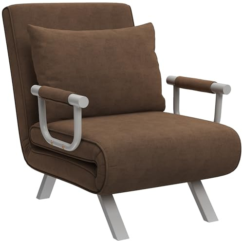 HOMCOM Poltrona Letto Singolo 3 in 1 con Schienale Reclinabile su 5 Livelli e Cuscino, Divano Letto Singolo Pieghevole per Soggiorno e Salotto in Velluto e Metallo, 65x69x80 cm, Marrone