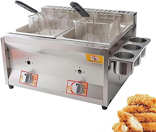 JYBNBBE Freidora De Gas Comercial, 10L*2, De Acero Inoxidable, para Encimera, De Baja Presión, con Olla Doble, Cestas Y Tapas para Freír, para Patatas Fritas, Pavo, Donas, Cocina Casera Y