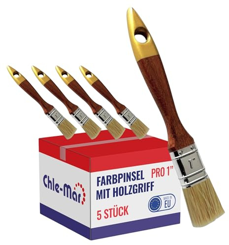 Chle-Mar 5X Pro Maler Pinsel (Flach) 1 für präzises Streichen | Lackierter Holzgriff, Wiederverwendbarer Breiter Malerpinsel für Lasur & Öl, Paint Brush für Holzlasur, Wandfarbe, Holzfarbe