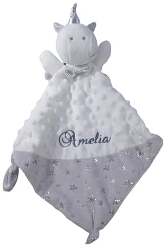 BotoBaby® Schmusetuch Einhorn mit Namen – Graues Einhorn Kuscheltuch personalisiert – Besticktes Schnuffeltuch für Babys – Geschenk zur Geburt, Taufe & Babyshower – 25x25 cm (Grau - Einhorn)