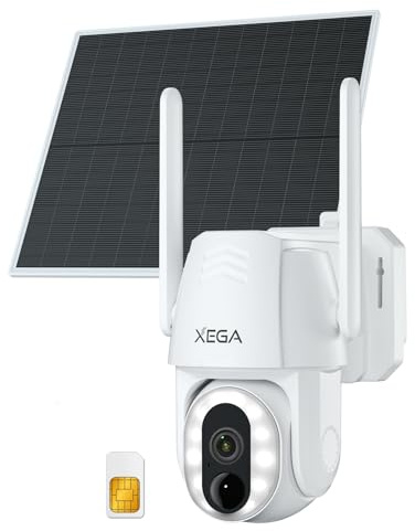 Xega 4G LTE Solar Überwachungskamera Aussen mit SIM-Karte, Kamera Ohne WLAN | 500 Lumen LED Licht,2K QHD, Farb-Nachtsicht, PTZ 350°/90°,Mensch Erkennung, Zwei Wege Audio, IP66 Schutzklasse