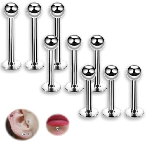 COYUN 9 pcs Tragus Piercing Labret, Piercing a la Langue, Acier Inoxydable Métal Barbells Barre de Langue, Cartilage Tragus Helix Boucles d'oreilles Piercing Labret Bijoux Piercing unisex, sphérique