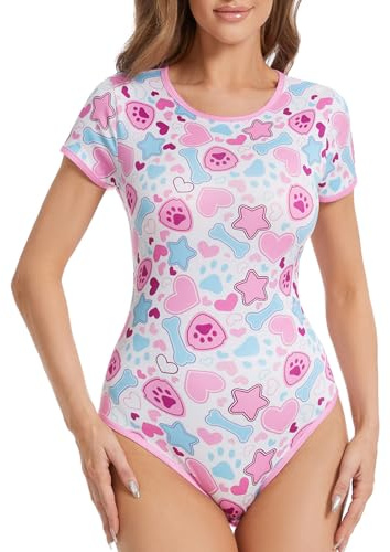 Somniumnight Adult Onesie Bodysuit for Women: Cute Stretchy Romper Snap Crotch - Kawaii Pajamas Soft Fit Gift for Sleepwear - Short Sleeve with Button Puppy Paw Print White L