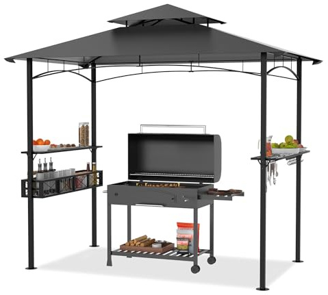 HENGMEI Gartenlauben Grill Pavillon Grillpavillon Partyzelt Doppelstöckige Schutzabdeckung Grillzelt mit Regalen und Ablagekörben für Party, Marktstand, Picknick, BBQ´s, 2.45 x 1.53m (Grau)