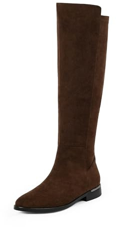 Modatope Rounded Toe Knee High Boots Chocolate Suede Flat Riding Fall Winter Boots Women 2025 Low Heel Elastic Boot Chunky Heel Dress Boot Size 9