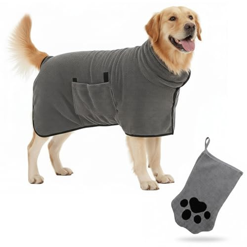 Rylae Accappatoio per Cani, Accappatoio per Cani in Microfibra, Asciugamano Asciugatura Rapida con Velcro, Super Assorbente Regolabile Asciugamano con Guanti, per Grandi, Medi e Piccoli