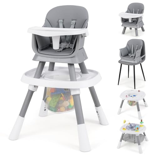 COSTWAY Trona Evolutiva Bebé 16 en 1, Trona Bebé con 3 Alturas Ajustables, Asiento Giratorio 360°, Bandeja con 3 Opciones y Mesa de Doble Cara, Silla de Comer para 6-36 Meses (Gris)