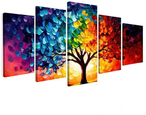 MuchoWow© Leinwand 5 Teilig Deko Schlafzimmer Aesthetic Mehrteilige | 200x100 cm - Wandbilder Gemälde Foto Living Room Decoration Wandbild-set Baum - Farbenfroh - Malerei-Look - Abstrakt