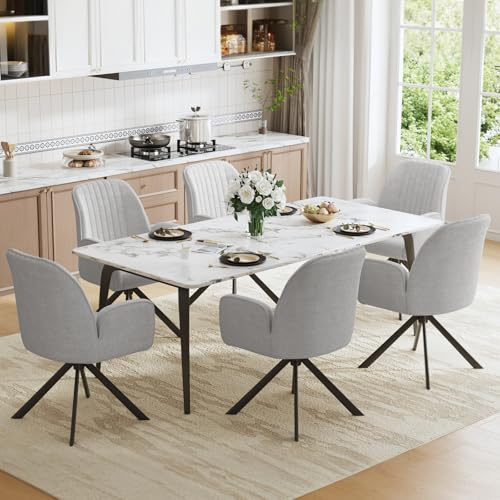 Ckaff 6er Set Esszimmerstühle Drehbar mit Armlehne, 360°Drehbar Polsterstuhl Küchenstuhl aus Chenille, Stühle Esszimmer Schminkstuhl Drehstuhl mit Metallbeine für Esszimmer Schlafzimmer, Hellgrau