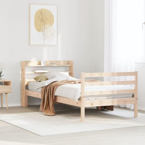 Runheo Bettgestell Massivholz Kiefer 75x190 cm, Modernes Holzbett mit Kopfteil Ablagen, Robustes Plattformbett für Schlafzimmer, Natürliches Design, Ohne Matratze