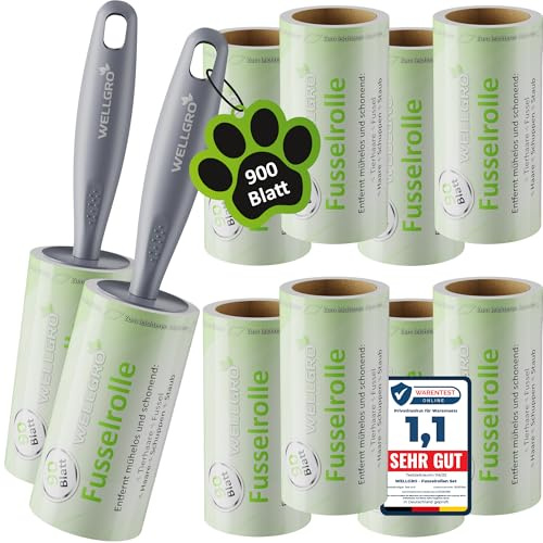 WELLGRO Fusselrolle Tierhaare – 10 Rollen 900 Blatt + 2 Abroller – Fusselroller Kleidung & Kleberoller Tierhaarentferner für Katze, Hund und Haushalt – Fusselbürste & Lint Roller