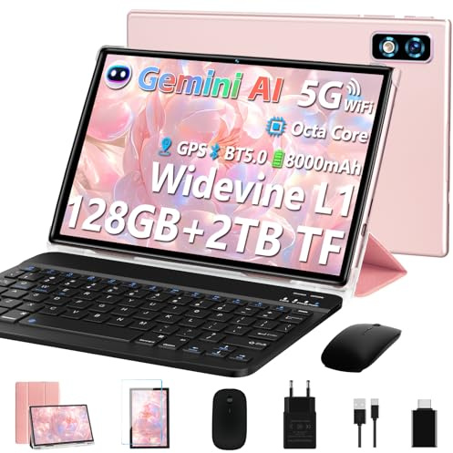 DEERTiME 2026 Gemini AI Tablet 10 Zoll Android Tablet,128GB ROM+2TB TF, Octa-Core, 2.0GHz,5G+2.4G WiFi, BT 5.0, 8000mAh, Widevine L1,8+5MP, AGPS, 3 in 1 Tablet PC Mit Tastatur und Maus-Roségold