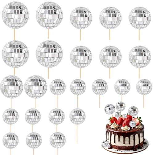 24pcs Disco Ball Cake Decorations, 70s Retro Mini Disco Ball Cake Toppers Sticks Stylish Disco Balls Cupcake Toppers Cake Disco Balls Picks for Disco Theme Birthday Party Supplies (Silver)