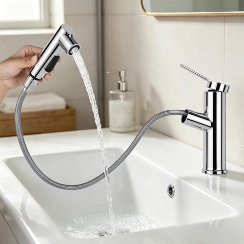 Grifo de baño con ducha extraíble, grifo de lavabo de alta presión, monomando con 3 tipos de chorro, mezclador de agua fría y caliente, grifo de lavabo para baño (plata brillante)