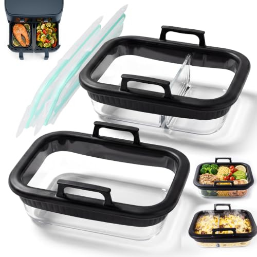 2 st ugnsformar, luftfryer för ninja AF400 EU/DZ400 EU/AF500 EU/COSORI, glas luftfryer tillbehör med lock, BPA-fri glasform för varmluftsfritös 2 kammare, avtagbar silikonring 20 x 15 x 7 cm