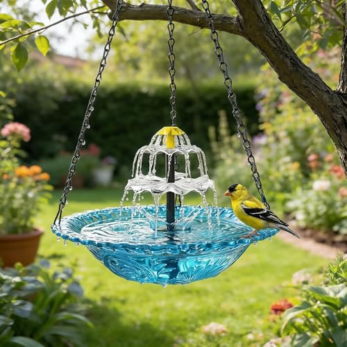 Hängande fågelbad med solfontänkaskad, hängande kolibri fågelbad med solpump, hängande vatten, lockar kolibrier och vilda fåglar trädgård, gåva, gård, uteplats, bakgårdsdekoration (blå)