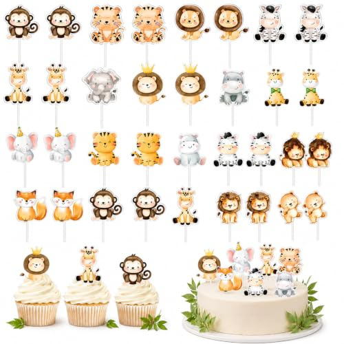 ALLAVA 34 Pcs Safari Cake Toppers, Jungle Animal Cupcake Toppers Cute Zoo | Animal Cake Decorations for Kids Birthday, Baby Shower, Wild One, Woodland Theme Party, Cupcake Dessert Decor Supplies