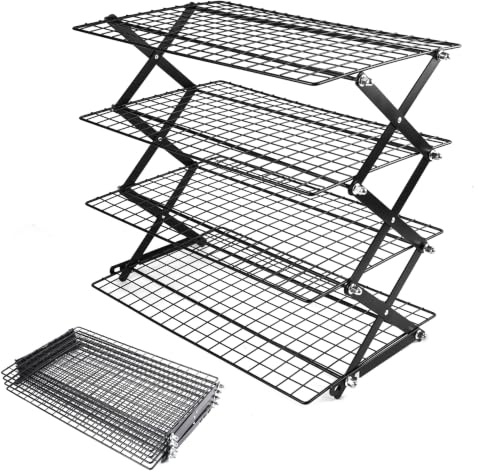 4 Tier Non-Stick Cooling Rack, Collapsible Metal Baking Accessories | Adjustable 3 Setting Design, Stackable Baking Tools for Cake, Grilling, Cookies & Biscuits