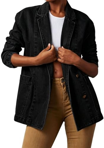 Dam jeansblazer oversize långärmad kavajjacka med krage fritid business casual jeansjacka för kontor vardag och fritid med fickor, svart, XL