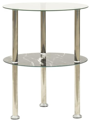 vidaXL Beistelltisch mit 2 Ablagen Rund Sofatisch Telefontisch Tisch Wohnzimmertisch Kaffeetisch Couchtisch Transparent Schwarz Marmor 38cm Hartglas