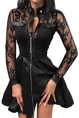 Vestiti Donna In Pelle Clubwear Abito Da Festa Abito In Pelle Con Zip Maniche Lunghe Pizzo Elegante Moda Con Tasche Per Club Feste Cocktail,Nero2,M