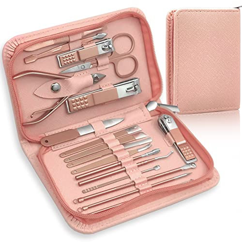 Manicure Set Professional Nail Clippers Kit Pedicure Care Tools with Zipped Bag for Women - 18 in 1 Grooming Tools Kit for Travel & Home（Rose Gold）