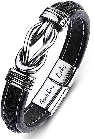Wycian Armband Herren Lederarmband Schwarz, Herrenarmbänder Magnetverschluss mit Knot Hanfblüte Freundschaftsarmband 16.5cm 18.5cm 20cm Armband Vatertag