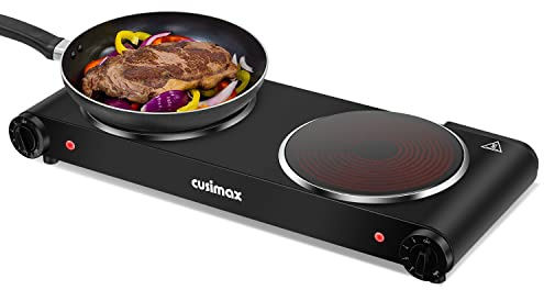 Cusimax Electric Stove, 1800W Infrared Hot Plate, 7 Inch Ceramic Glass Portable Double Burner Cooktop for Dorm Office Home Camp, Compatible w/All Cookware, Heat-up In Seconds-Upgraded Version