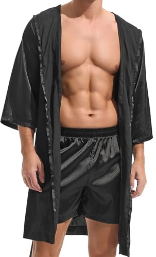 Amy Coulee Herren Satin Robe Bademantel Leicht Nachtwäsche Pyjama für Männer (Schwarz, XL)