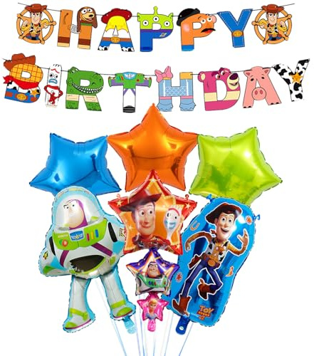 Toy Story Inspired Party Decorations - 9Pcs Foil Balloons for Girls Boys, Birthday Helium Balloons for Kids Theme, Happy Birthday Banner Party Supplies