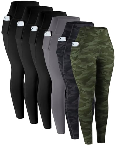 LZYVOO Leggings with Pockets for Women, 6 Packs Soft High Waisted Tummy Control Workout Yoga Pants(Camo-L)