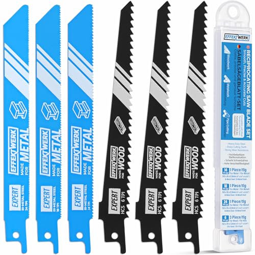EffektWerk - Lame per seghetto alternativo per legno e metallo - 6 pezzi - 3 lame in acciaio HCS per legno - 3 lame in acciaio bimetallico per metallo - 6/14/18/24 TPI (denti per pollice)