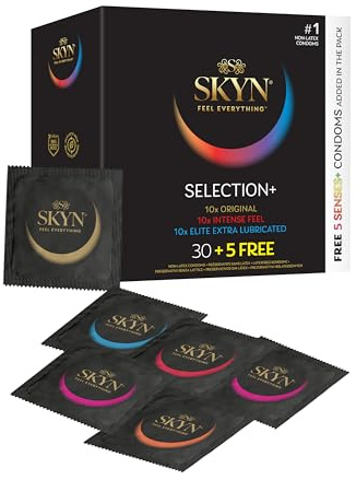 SKYN Selection+ Kondome 30 Selection + 5 Senses (35 Stück) latexfrei | Skynfeel, für Männer, 10 x Original, 10 x Intense Feel, 10 x Extra Lube, 5 x 5-Senses Reguläre Größe, Dünn