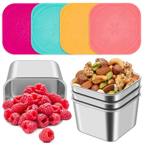 4-Pack Stainless Steel Snack Containers with Lids Kids Leakproof BPA-Free | Snack Containers with Leakproof Silicone Lids, Reusable Toddler Lunch Box for Daycare, School, and Travel, 6oz