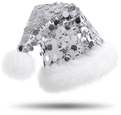 CITÉTOILE Bonnet de Noël Adultes, Chapeau du Père Noël en Velours brillant, Santa Hat avec des bords moelleux pour Unisexe, Couleur argent