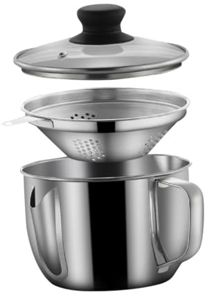 Uonlytech Bol Filtreur Acier Inoxydable avec Couvercle Verre et Passoire Séparateur de Graisse et Huile pour Soupe Outil de Cuisine Domestique Sain et Pratique