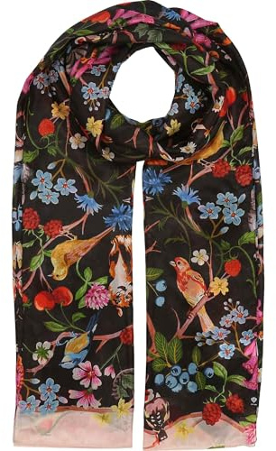 FRAAS Damenschal XL | reine Seide 100x200 cm | buntes Pflanzen Vogel Katzen Design | vielseitig tragbar Caviar