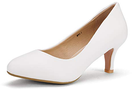 IDIFU Women's Classic Low Heels Dress Pumps 2 Inch Kitten Heel Round Toe Office Wedding Shoes (White PU, 9 B(M) US)